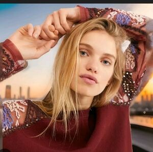 Free People Embroidered Burgundy Sweater with Sheer Sleeves